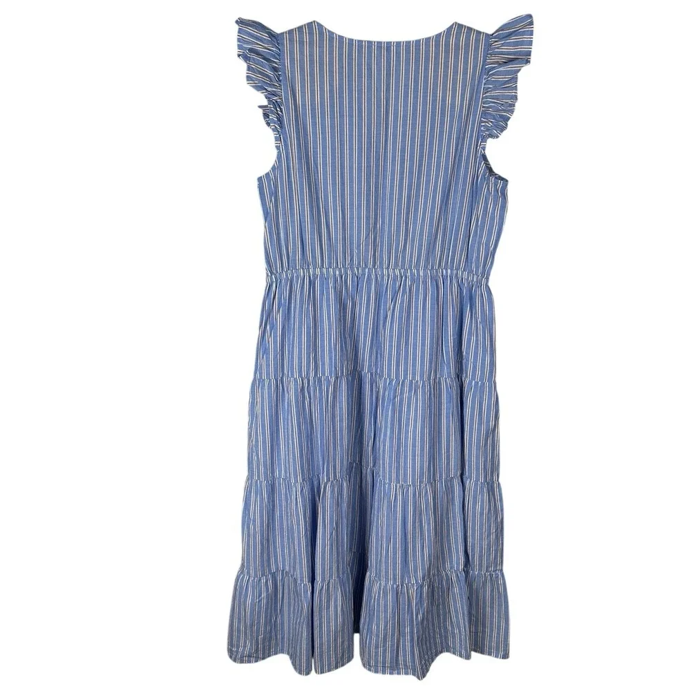 J Crew Ruffle-Sleeve Tiered Midi Dress Size 12 Blue Beige Striped Cotton Pockets - Picture 5 of 9